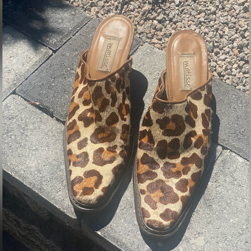 MATISSE Leopard Camel Hair Mules Heeled Clogs Women’s Size 10 Pre Owned - Picture 2 of 12